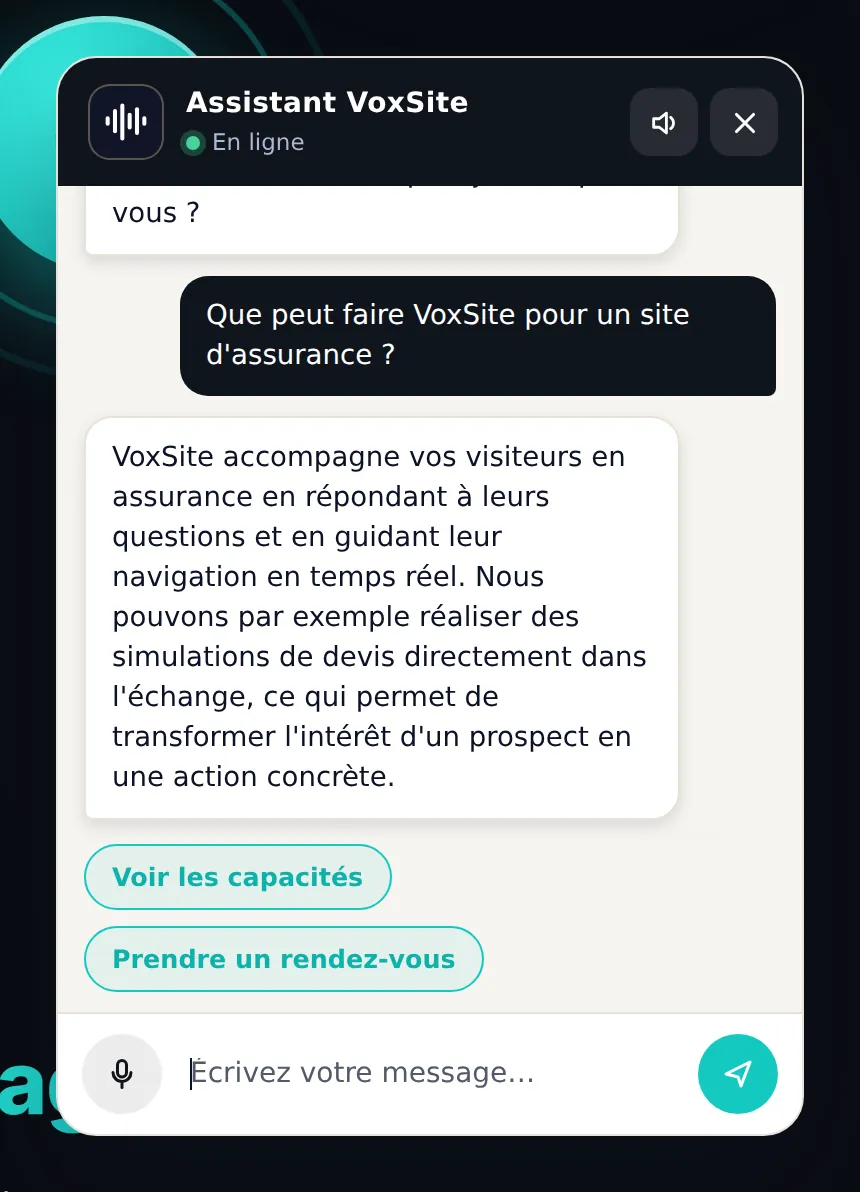 VoxSite en conversation Un chatbot vocal IA en conversation sur un site d'entreprise
