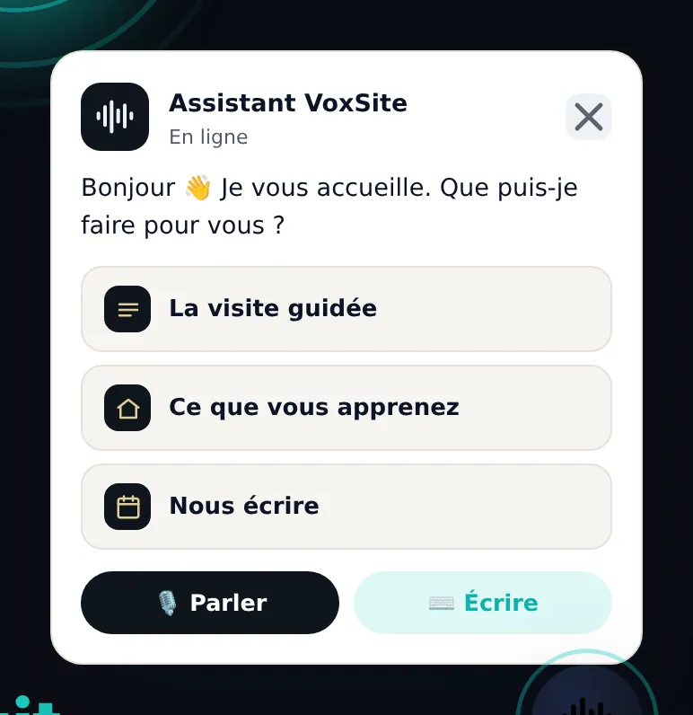 Parler ou écrire, au choix Choix entre le mode vocal et le mode écrit, présentés à égalité