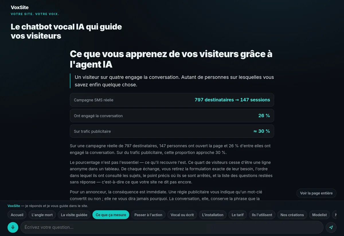 La navigation pilotée par l'agent Un agent IA ouvre une page du site pendant la conversation avec le visiteur